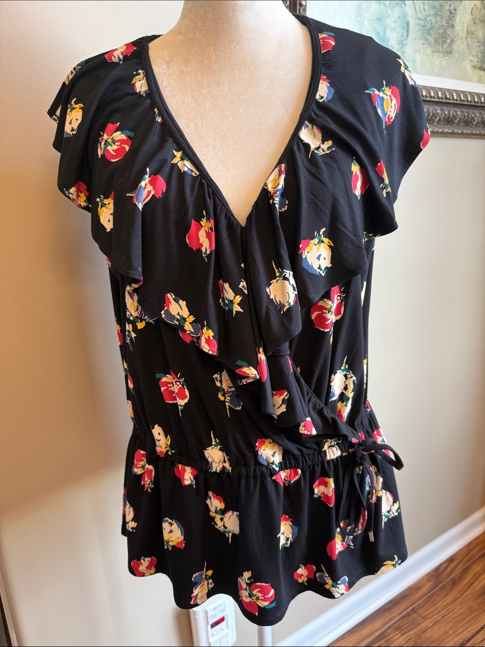 Ralph Lauren Black Floral Ruffle Wrap-Style Top